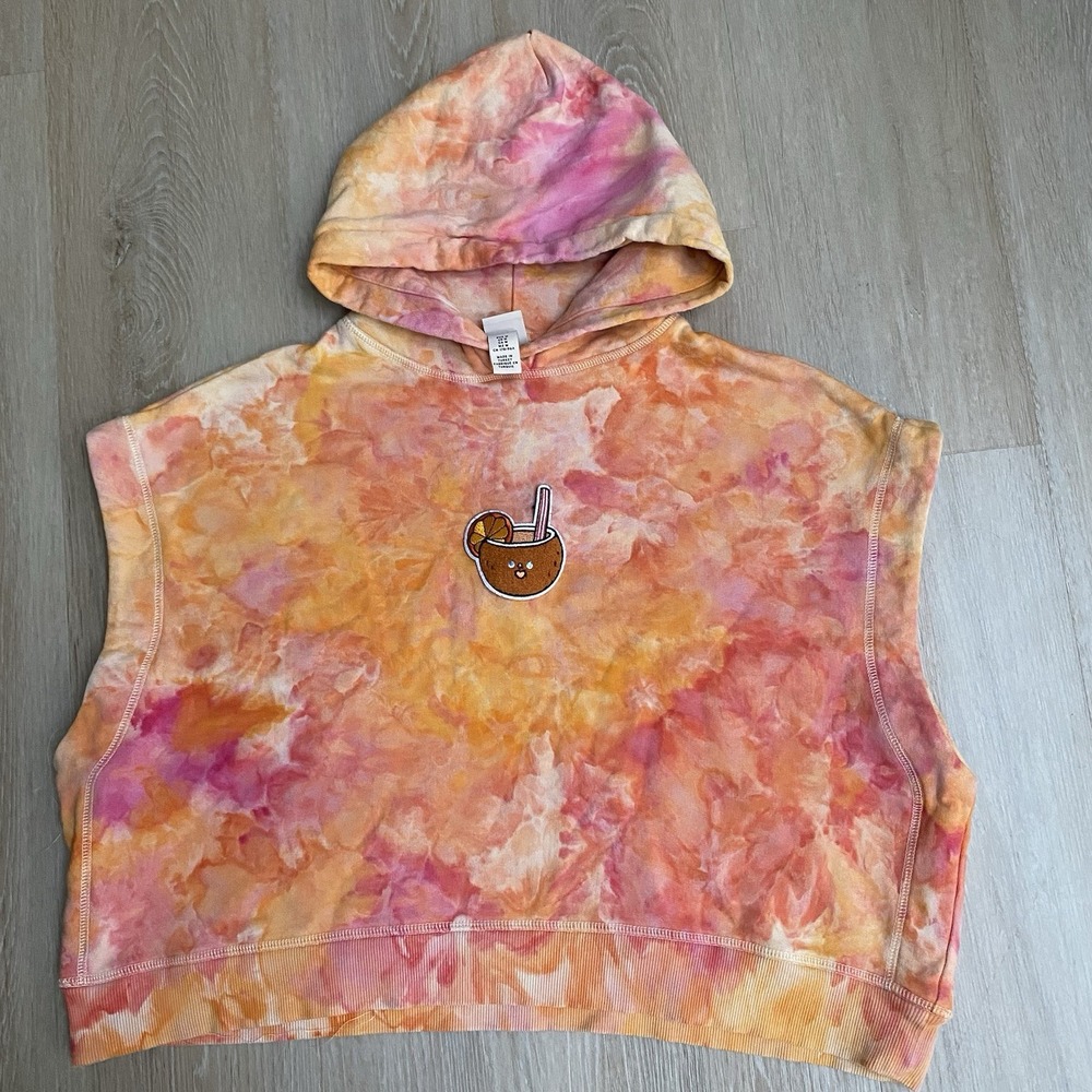H&M Size M Pink Yellow Tie Dye Sleeveless Hooded Crop Sweatshirt Vest Tropical